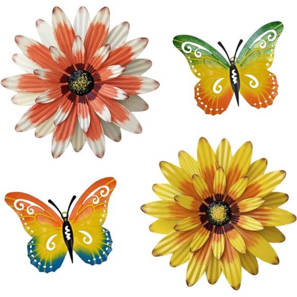 Metal Flowers Outdoor Wall Decor, 4 Pack Metal Flower & Butterfly Wall Art Decor